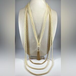 Hobe Vintage Glass Pearl Necklace Gold Tone Chain Multi Layer Statement Chunky